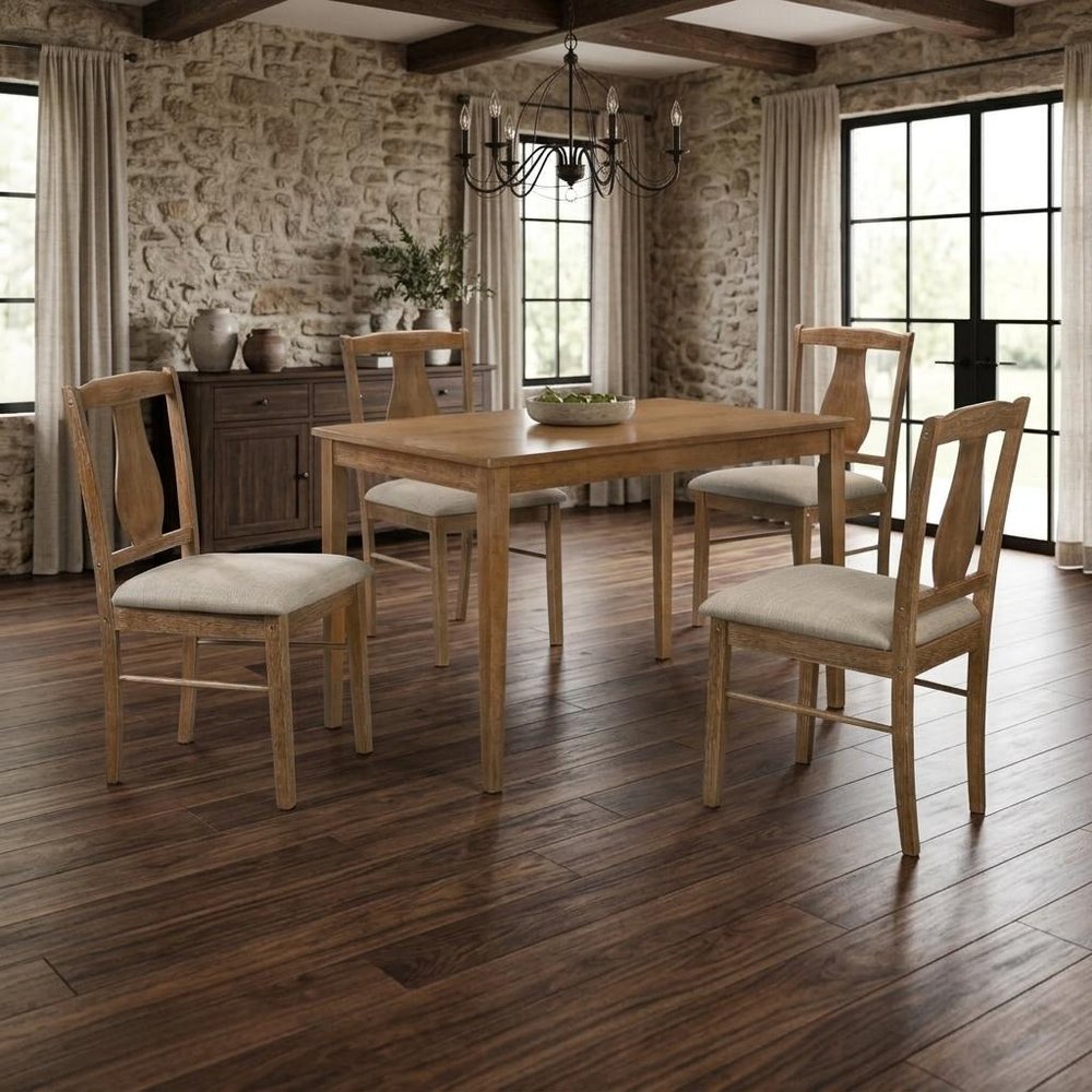 Five Piece Oak Solid Wood Dining Set with Four Chairs  Warm Home View