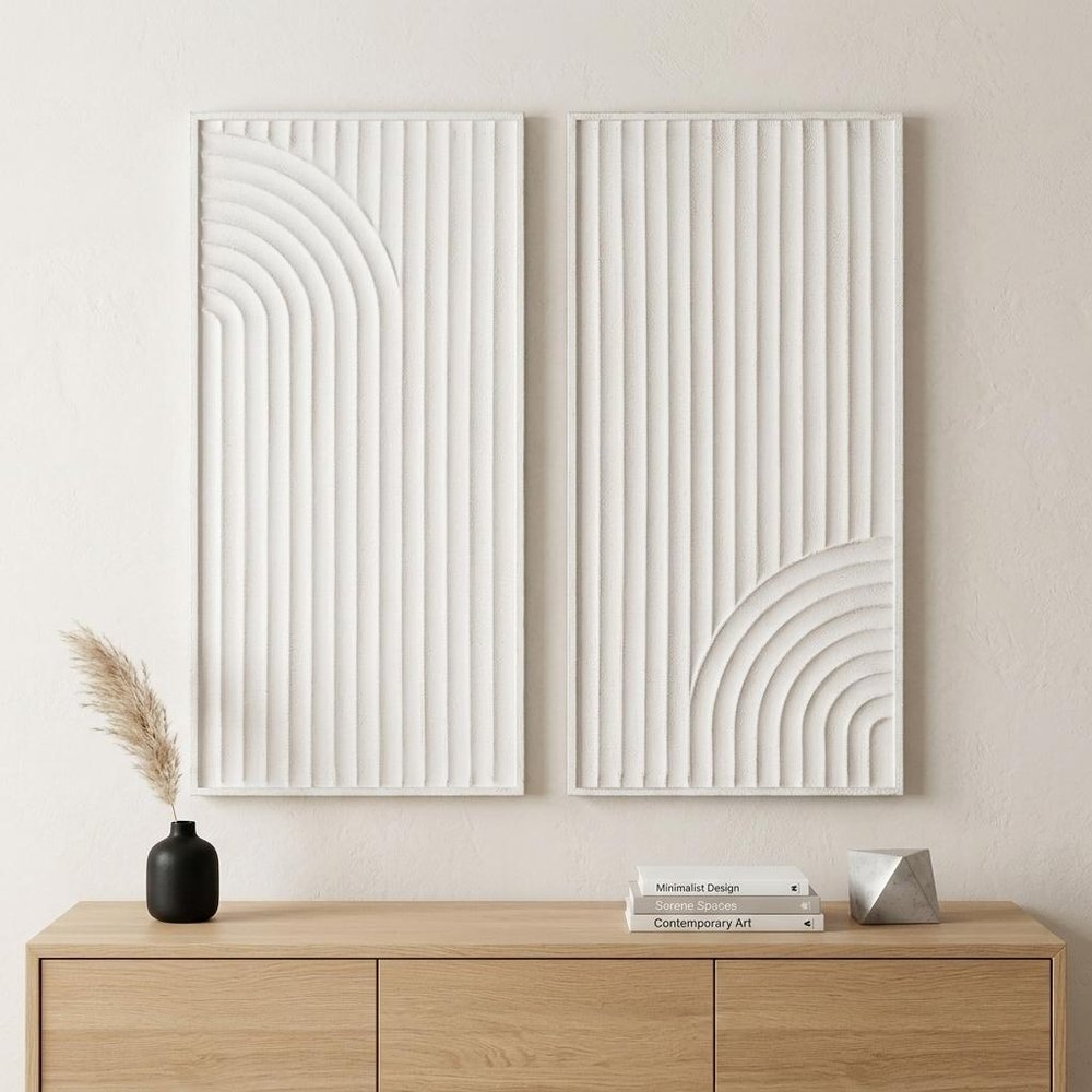 Set of Two White Metal Abstract Hanging Dimensional Sculptures  Warm Home View