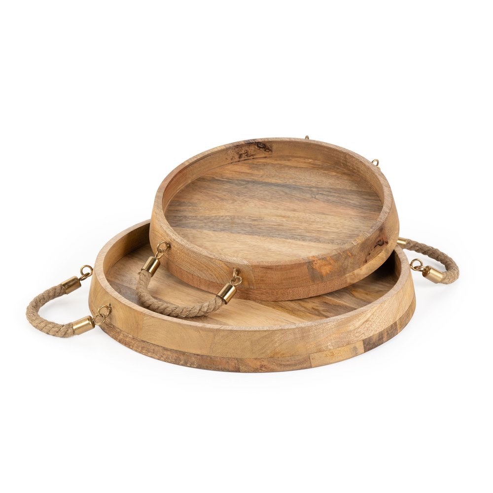Set of Two Brown Round Solid Wood Serving Trays With Handles  Warm Home View