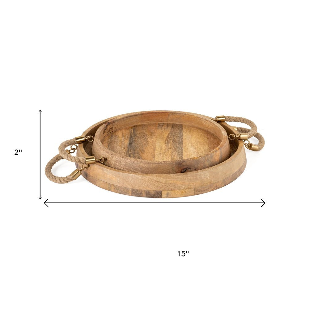 Set of Two Brown Round Solid Wood Serving Trays With Handles  Warm Home View