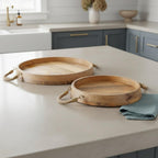 Set of Two Brown Round Solid Wood Serving Trays With Handles  Warm Home View