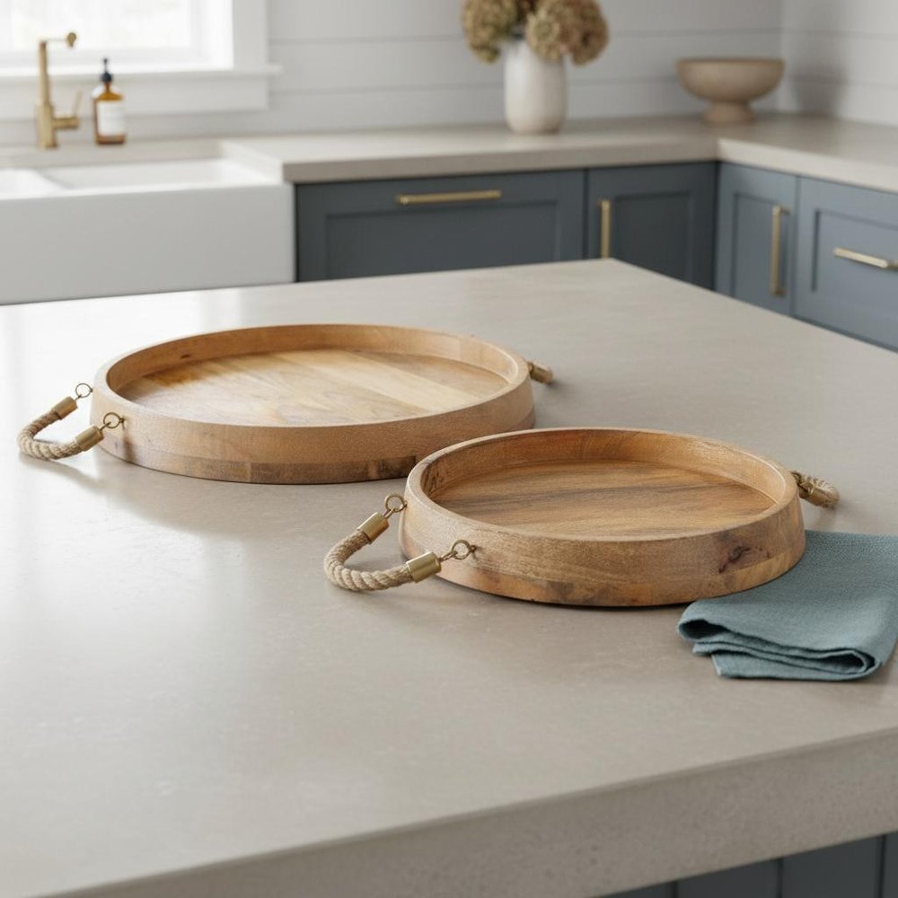 Set of Two Brown Round Solid Wood Serving Trays With Handles  Warm Home View
