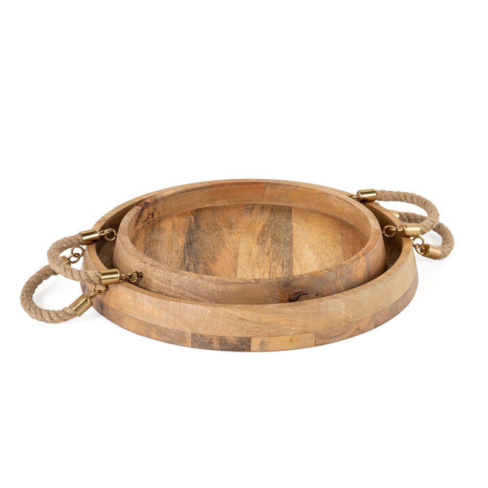 Set of Two Brown Round Solid Wood Serving Trays With Handles  Warm Home View