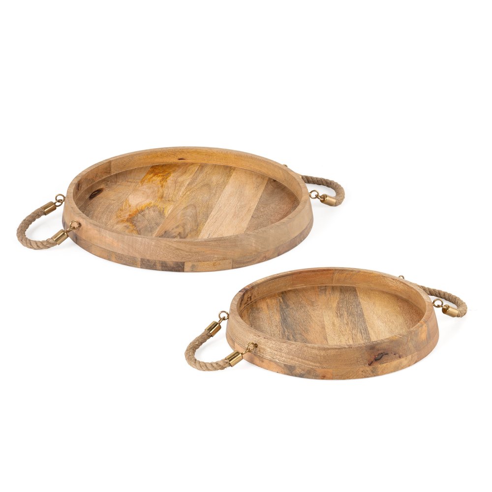 Set of Two Brown Round Solid Wood Serving Trays With Handles  Warm Home View