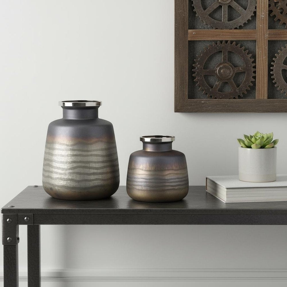 Set of Two Black And Gray Abstract Glass Round Table Vases  Warm Home View