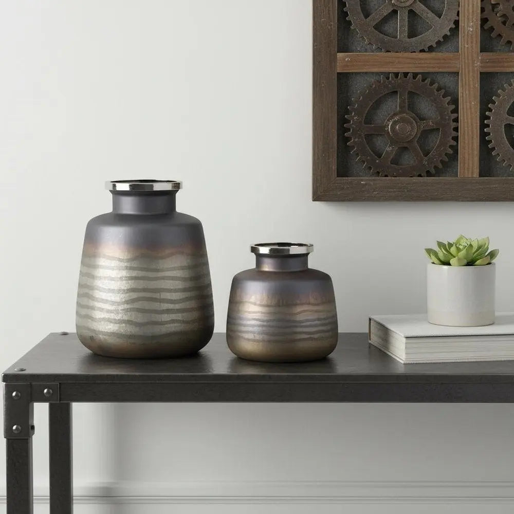 Set of Two Black And Gray Abstract Glass Round Table Vases  Warm Home View