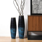 Set of Two Black And Blue Abstract Glass Cylinder Floor Vases  Warm Home View