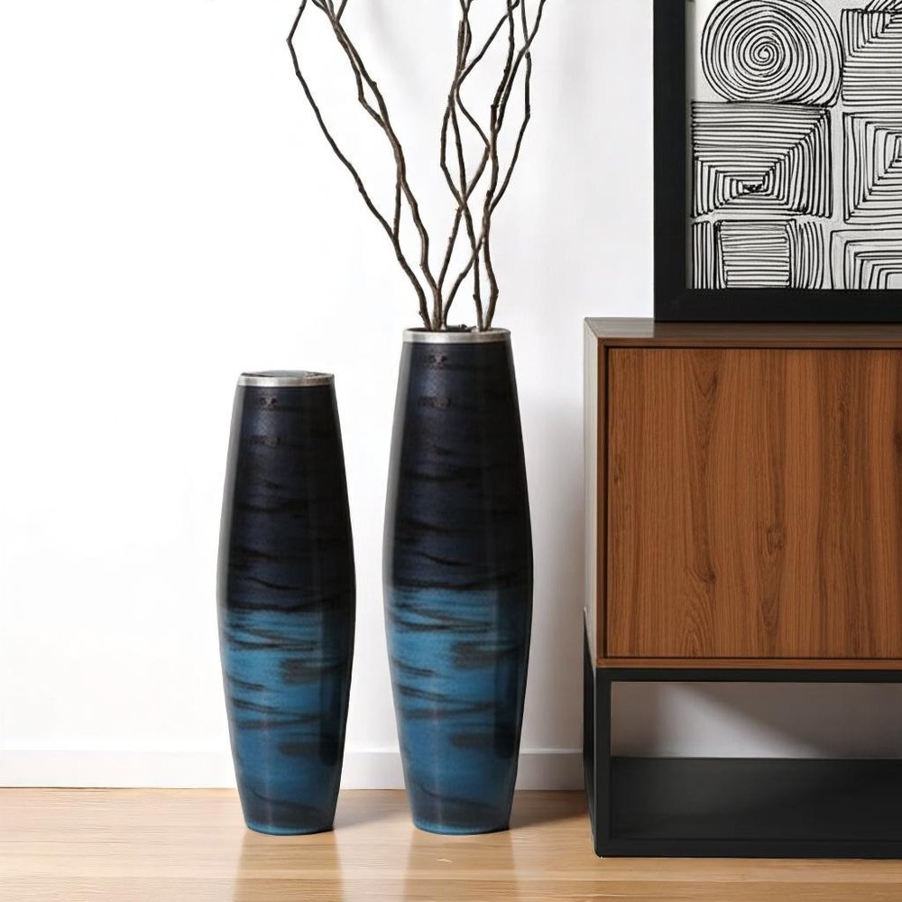 Set of Two Black And Blue Abstract Glass Cylinder Floor Vases  Warm Home View