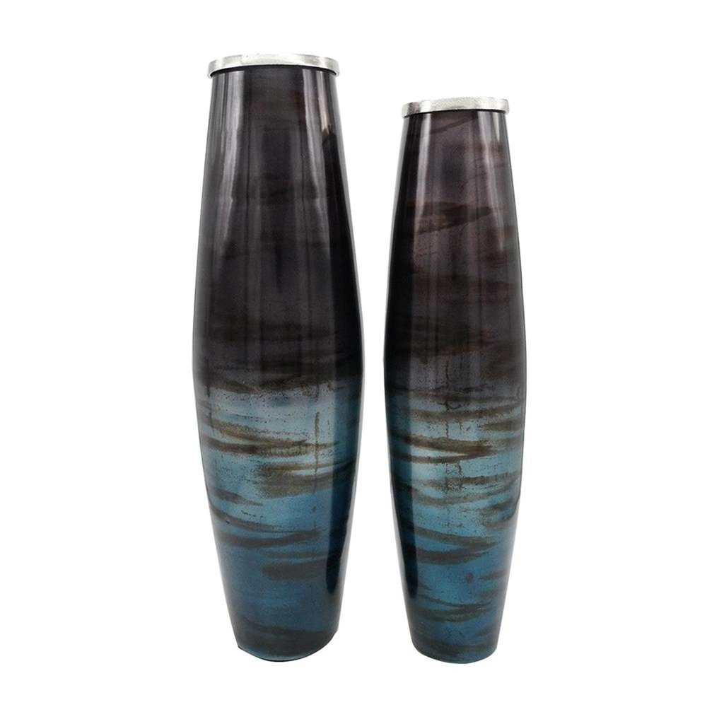Set of Two Black And Blue Abstract Glass Cylinder Floor Vases  Warm Home View