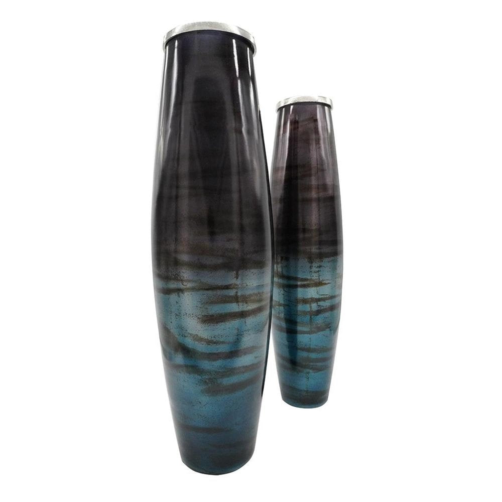 Set of Two Black And Blue Abstract Glass Cylinder Floor Vases  Warm Home View