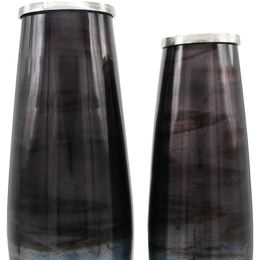 Set of Two Black And Blue Abstract Glass Cylinder Floor Vases  Warm Home View