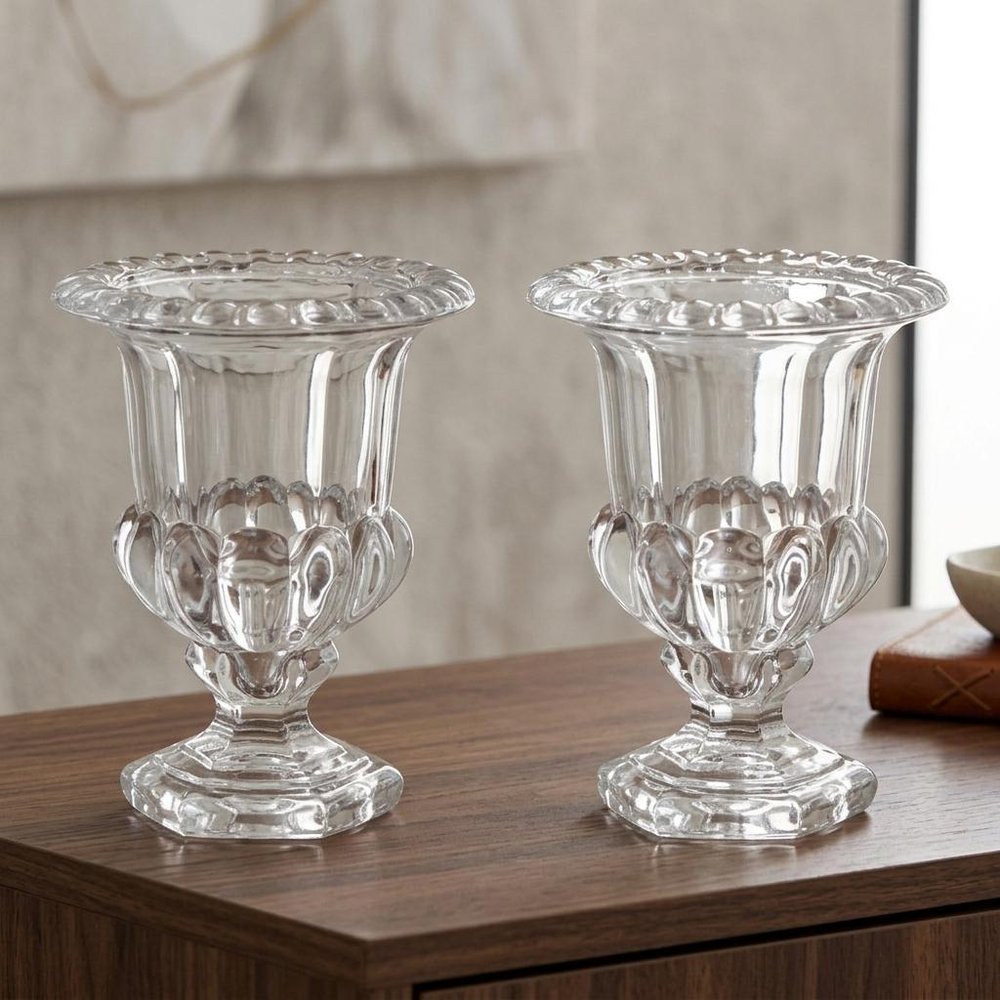 Set of Two Clear Glass Urn Table Vases  Warm Home View