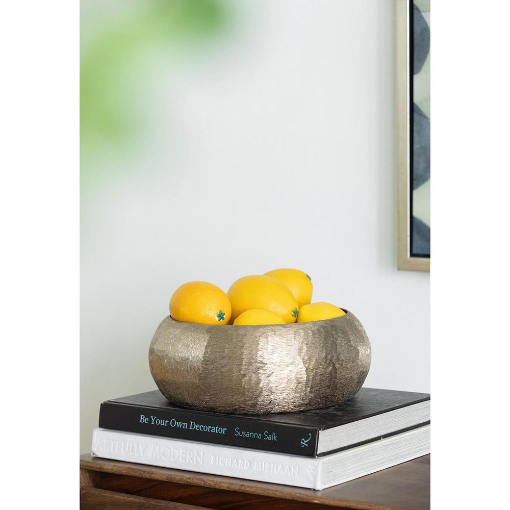 Set of Two Gold Aluminum Hammered Round Centerpiece Bowls  Warm Home View
