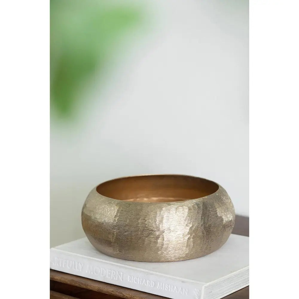 Set of Two Gold Aluminum Hammered Round Centerpiece Bowls  Warm Home View