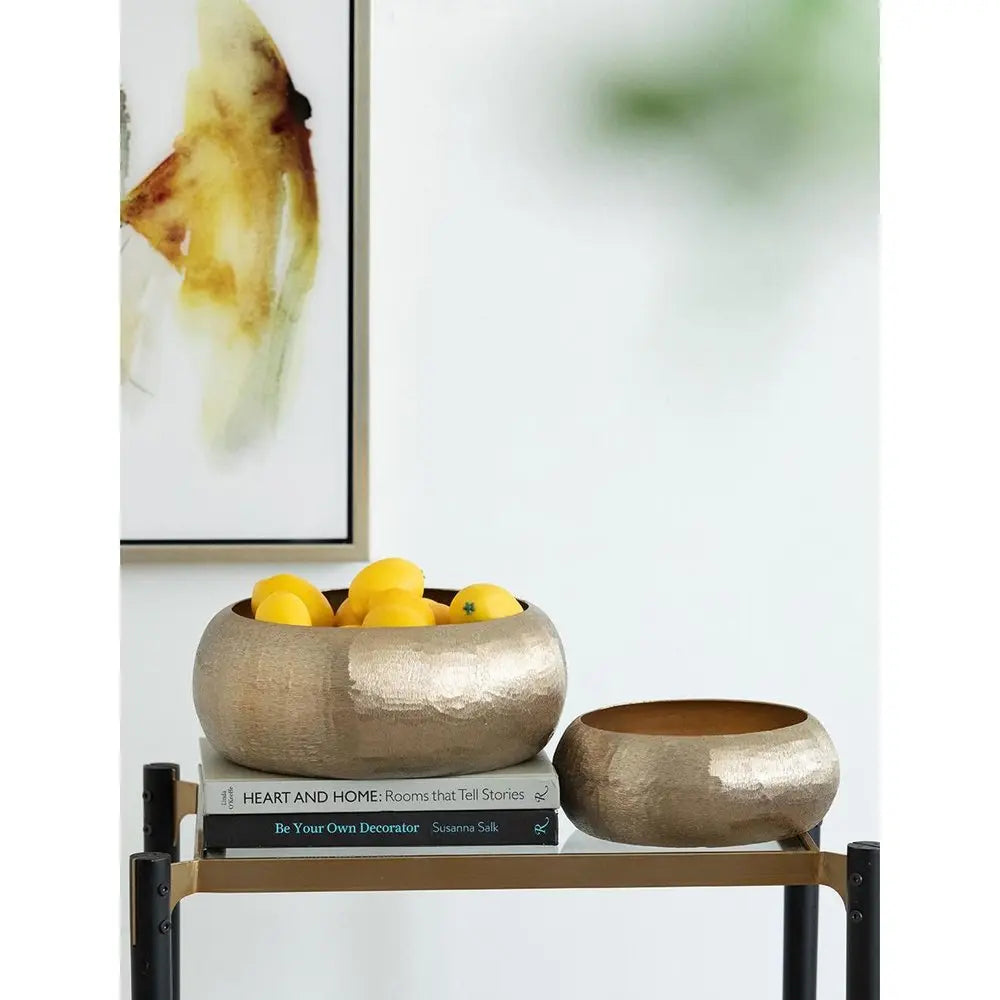 Set of Two Gold Aluminum Hammered Round Centerpiece Bowls  Warm Home View