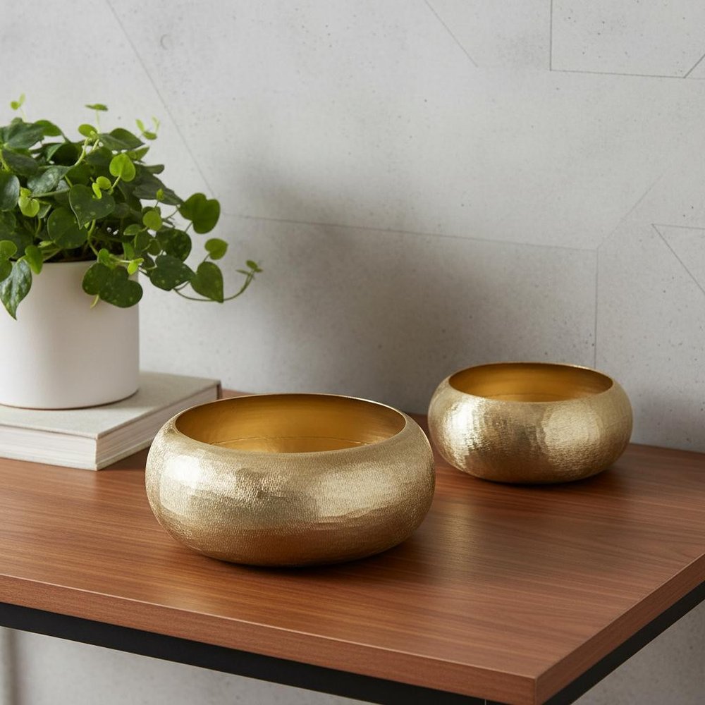 Set of Two Gold Aluminum Hammered Round Centerpiece Bowls  Warm Home View