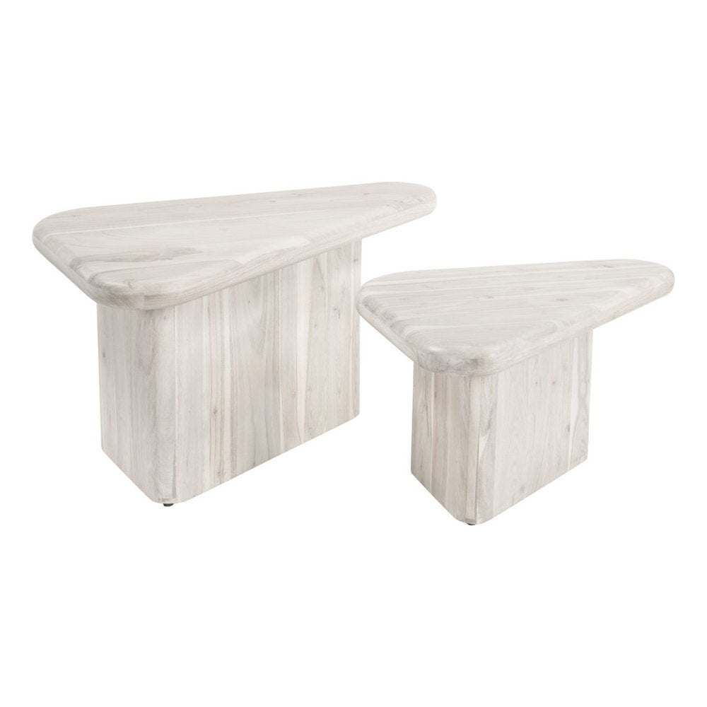 Set of Two Natural Solid Wood Triangle Pedestal Nested Coffee Tables  Warm Home View