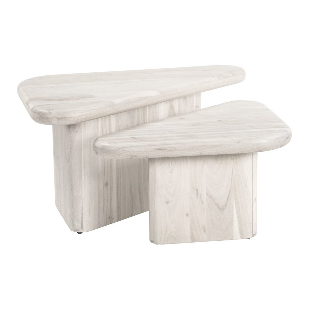 Set of Two Natural Solid Wood Triangle Pedestal Nested Coffee Tables  Warm Home View