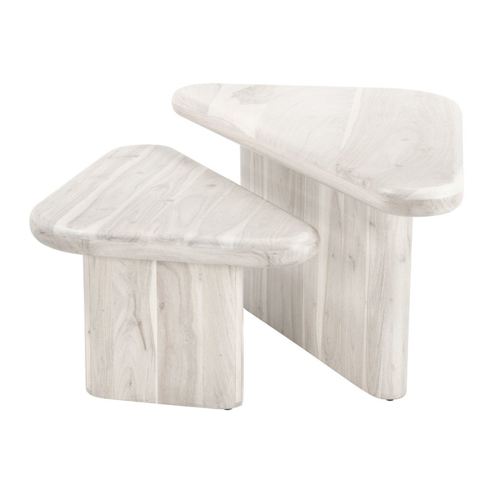 Set of Two Natural Solid Wood Triangle Pedestal Nested Coffee Tables  Warm Home View