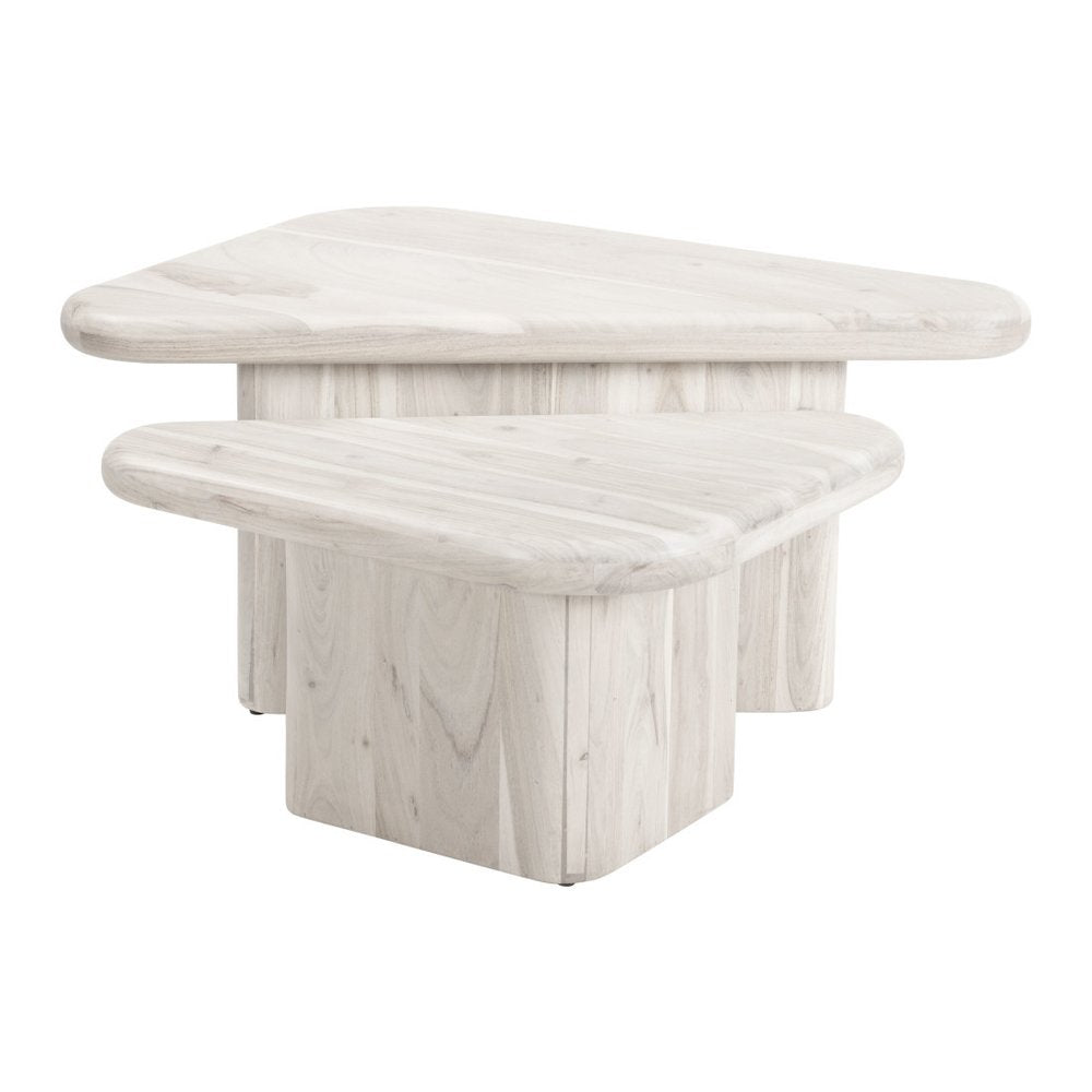 Set of Two Natural Solid Wood Triangle Pedestal Nested Coffee Tables  Warm Home View