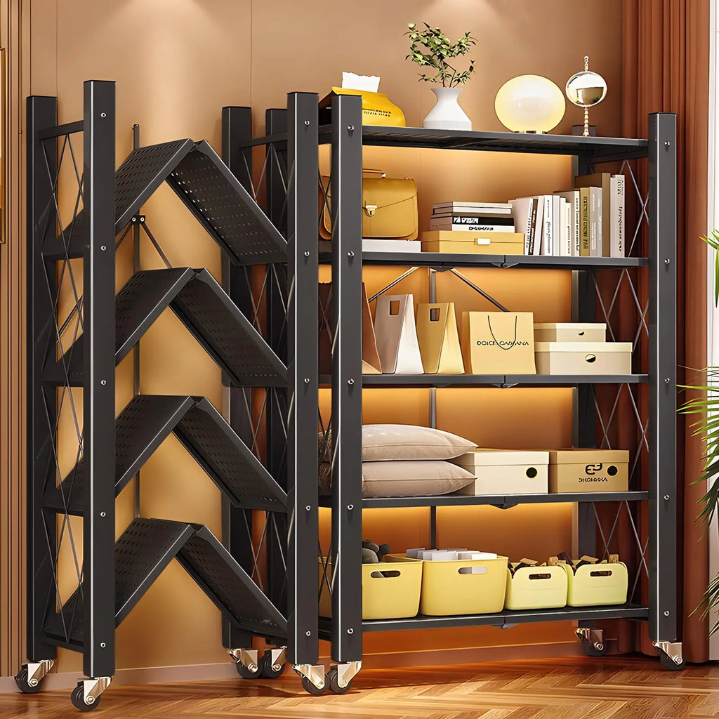 JOYBOS 5 Tier Foldable Storage Shelves with WheelsHeavy Duty Metal Storage Shelving Unit Rolling CartNo Assembly Utility Shelf Rack Organization Shelves for Garage KitchenBasementPantry  Warm Home View