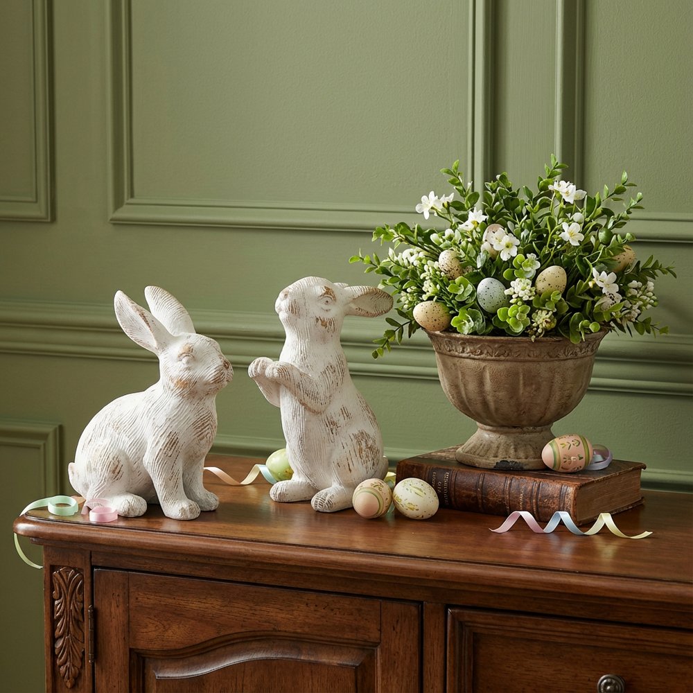Set of Two White Resin Rabbit Figurines  Warm Home View