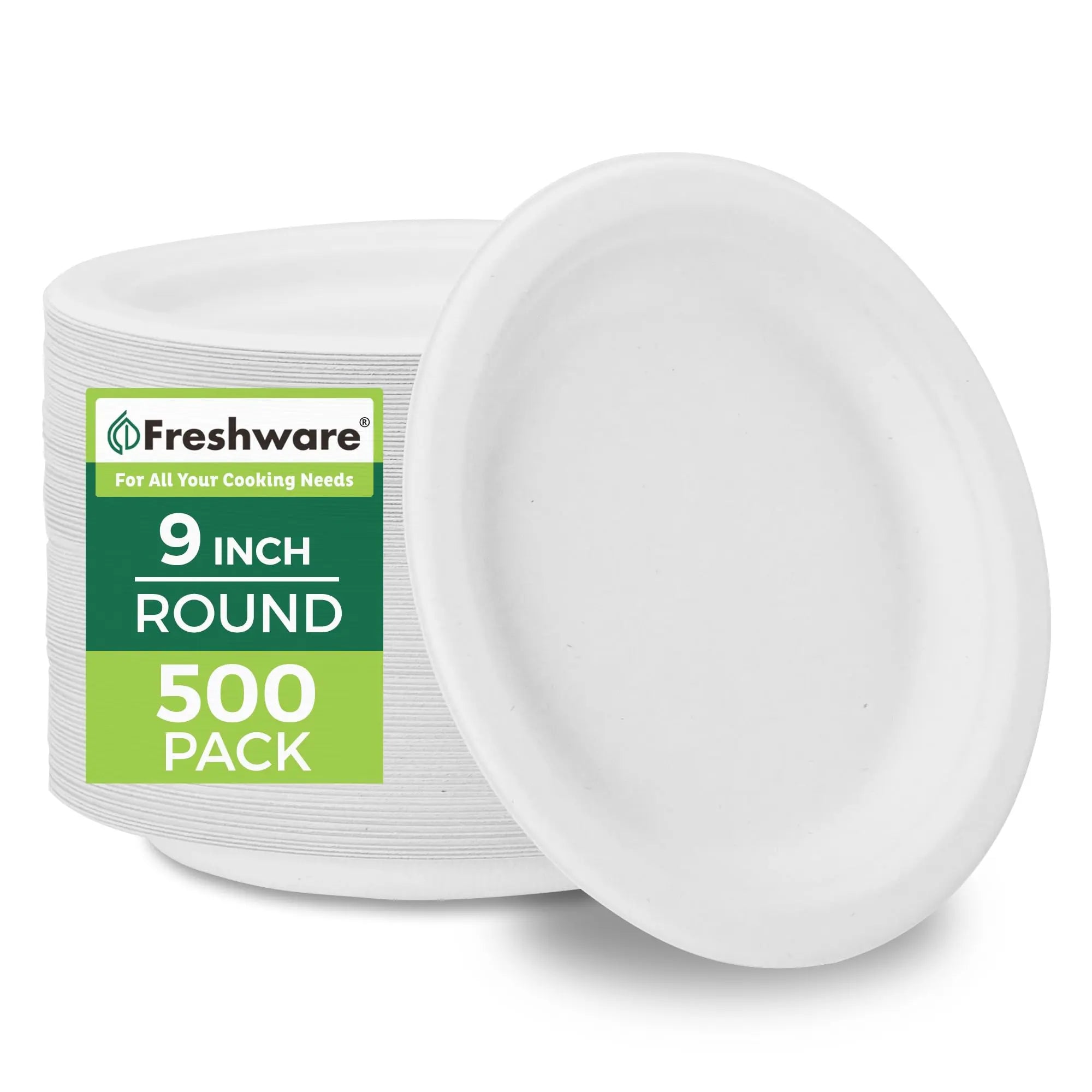 Freshware Paper Plates - Disposable 9" Plate 500-Pack Biodegradable Sugarcane Fiber Dinner Plates - Heavy Duty Dinnerware for Hot Food - Microwave & Freezer Safe Stackable Dinnerware  Warm Home View