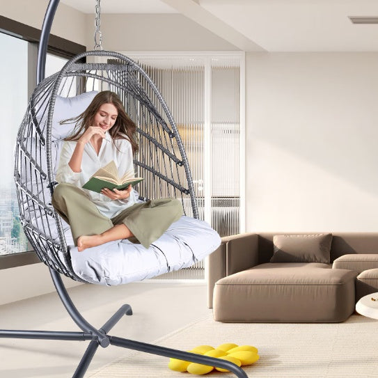 Swing Egg Chair with Stand - Gray Iron/Wicker, 1-Piece  Warm Home View