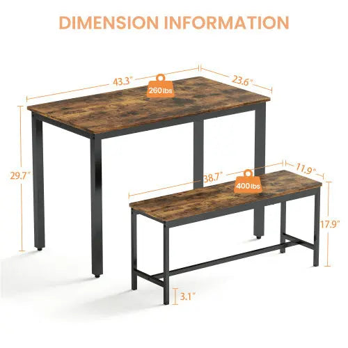 Rustic Brown Bench Dining Table Set Wood/Steel 3-Piece  Warm Home View