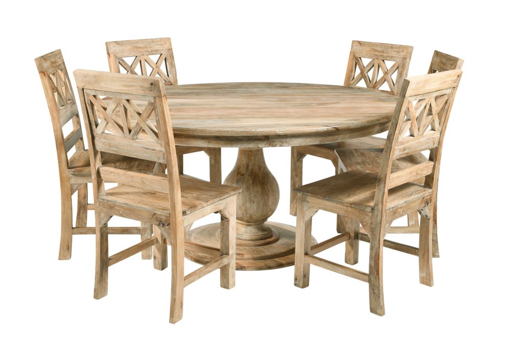 Seven Piece Natural Round Solid Wood Dining Set with Six Chairs  Warm Home View