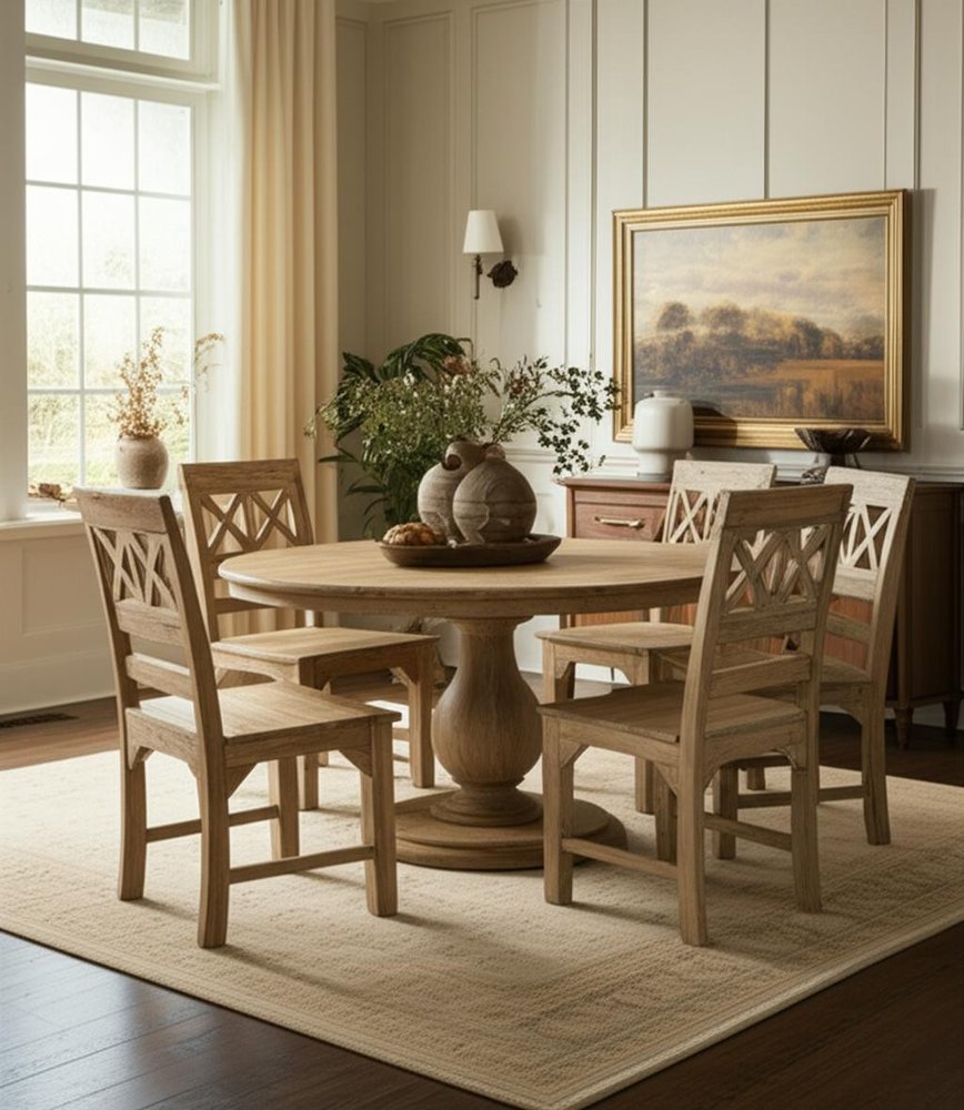 Seven Piece Natural Round Solid Wood Dining Set with Six Chairs  Warm Home View