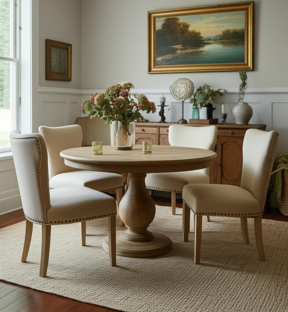 Five Piece Natural Round Solid Wood Dining Set with Four Chairs  Warm Home View