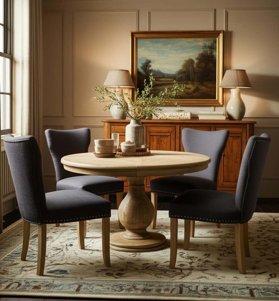 Five Piece Natural Round Solid Wood Dining Set with Four Chairs  Warm Home View