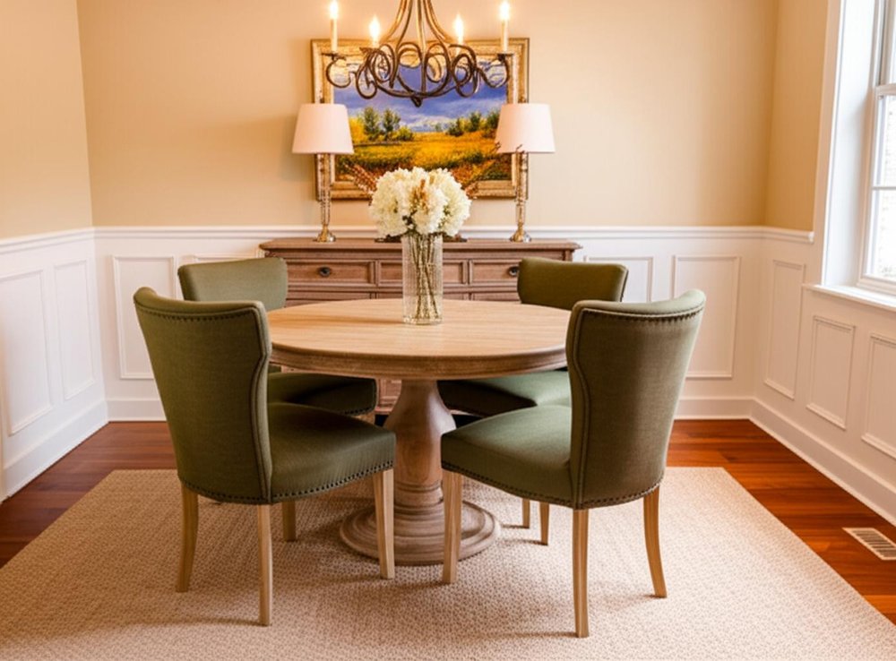 Five Piece Natural Round Solid Wood Dining Set with Four Chairs  Warm Home View