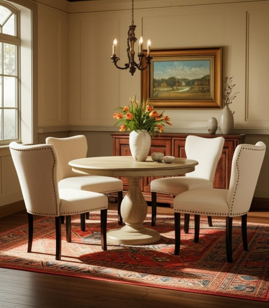 Five Piece Natural Round Solid Wood Dining Set with Four Chairs  Warm Home View