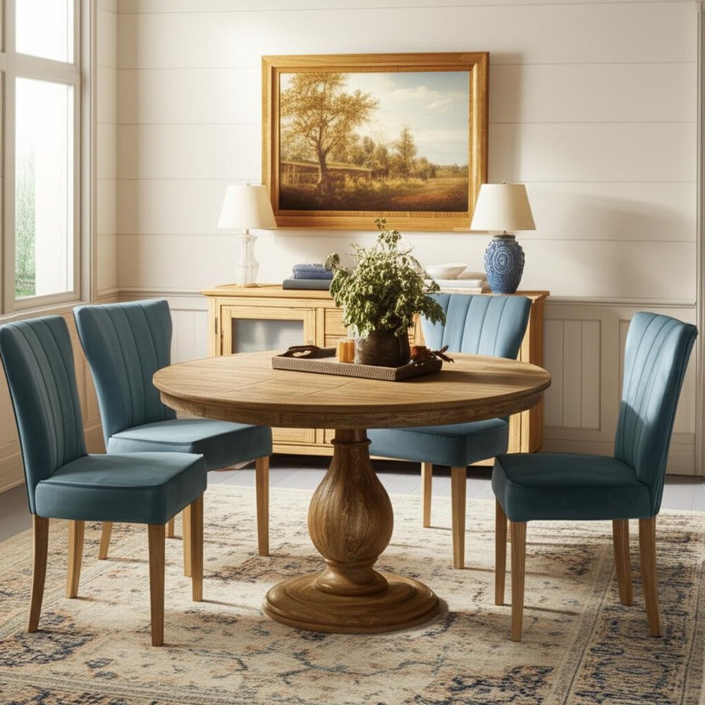 Five Piece Natural Round Solid Wood Dining Set with Four Chairs  Warm Home View