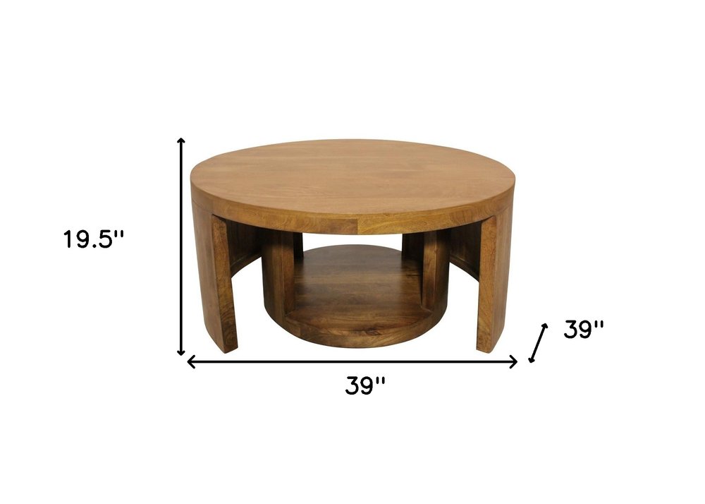 Set of Two Walnut Solid Wood Round Distressed Solid Nested Coffee Tables  Warm Home View