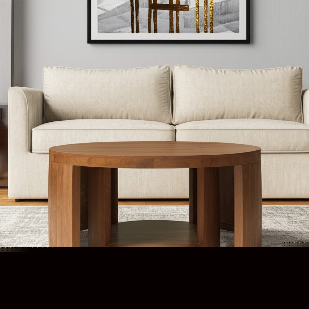 Set of Two Walnut Solid Wood Round Distressed Solid Nested Coffee Tables  Warm Home View