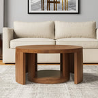 Set of Two Walnut Solid Wood Round Distressed Solid Nested Coffee Tables  Warm Home View