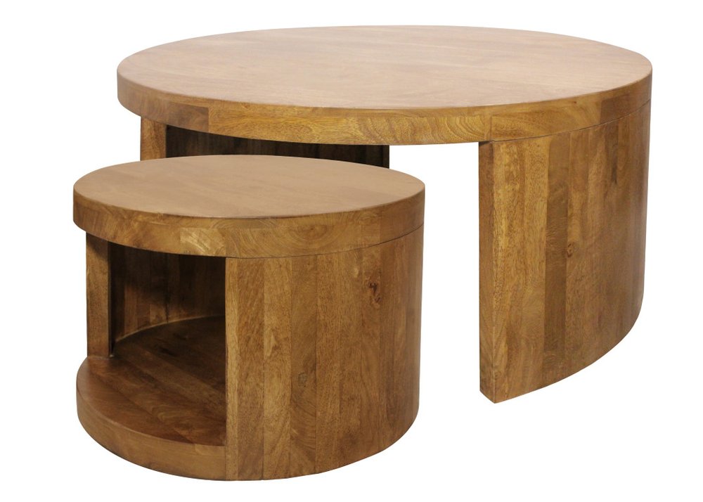 Set of Two Walnut Solid Wood Round Distressed Solid Nested Coffee Tables  Warm Home View