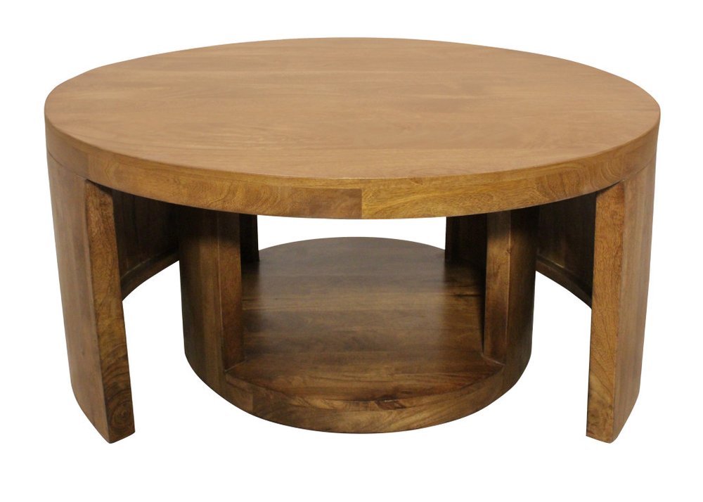 Set of Two Walnut Solid Wood Round Distressed Solid Nested Coffee Tables  Warm Home View