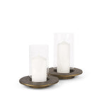 Set of Two Gold Distressed Geometric Metal Tabletop Hurricane Candle Holders  Warm Home View