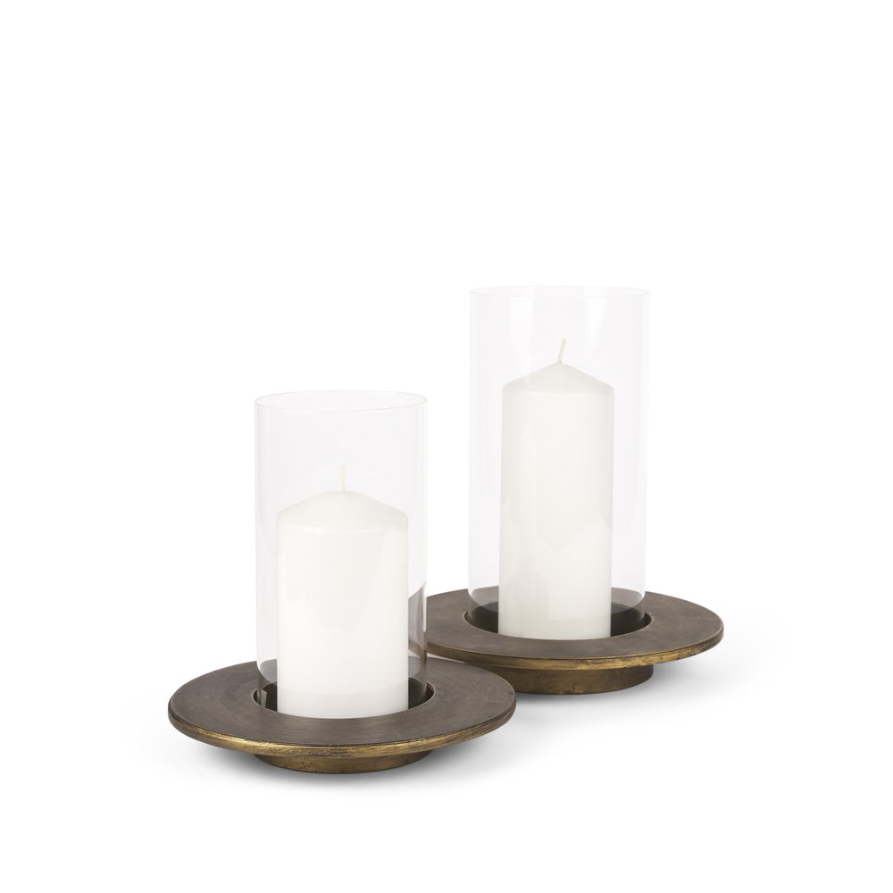 Set of Two Gold Distressed Geometric Metal Tabletop Hurricane Candle Holders  Warm Home View