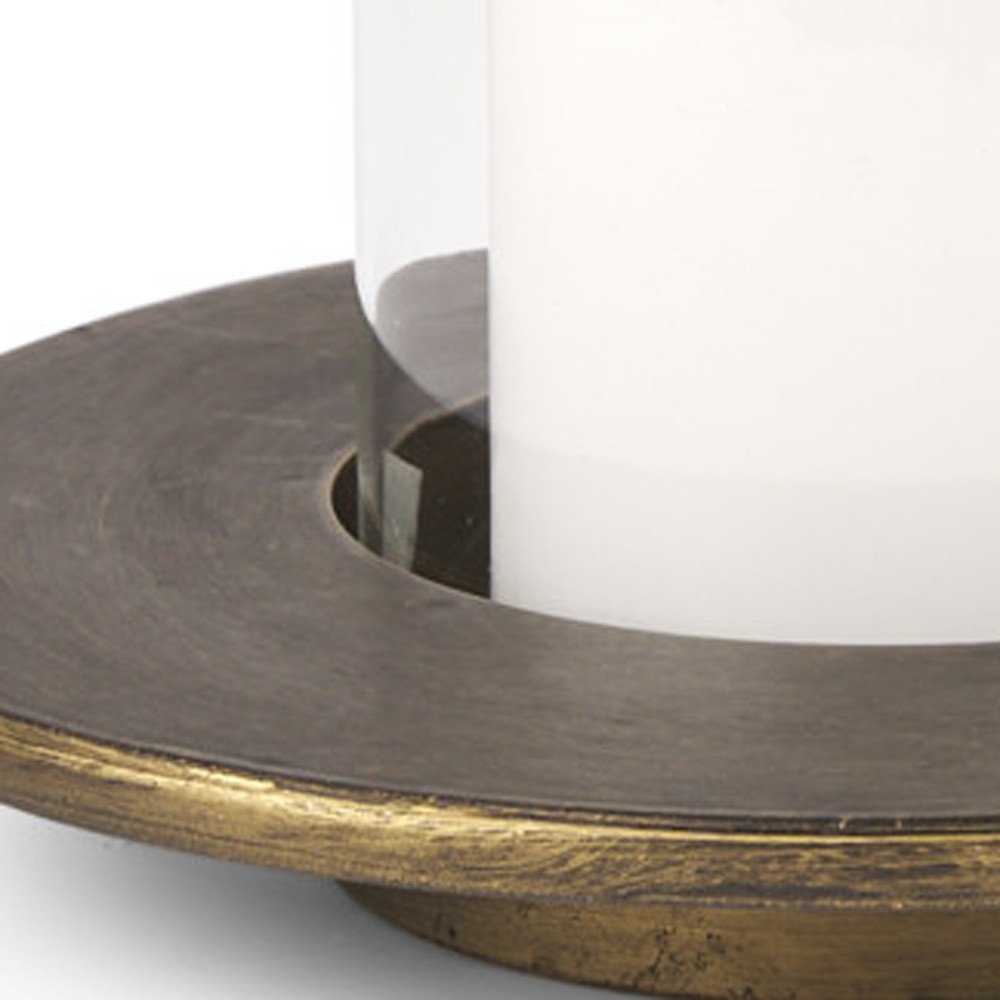 Set of Two Gold Distressed Geometric Metal Tabletop Hurricane Candle Holders  Warm Home View
