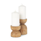 Set of Two Brown Distressed Geometric Solid Wood Tabletop Pillar Candle Holders  Warm Home View