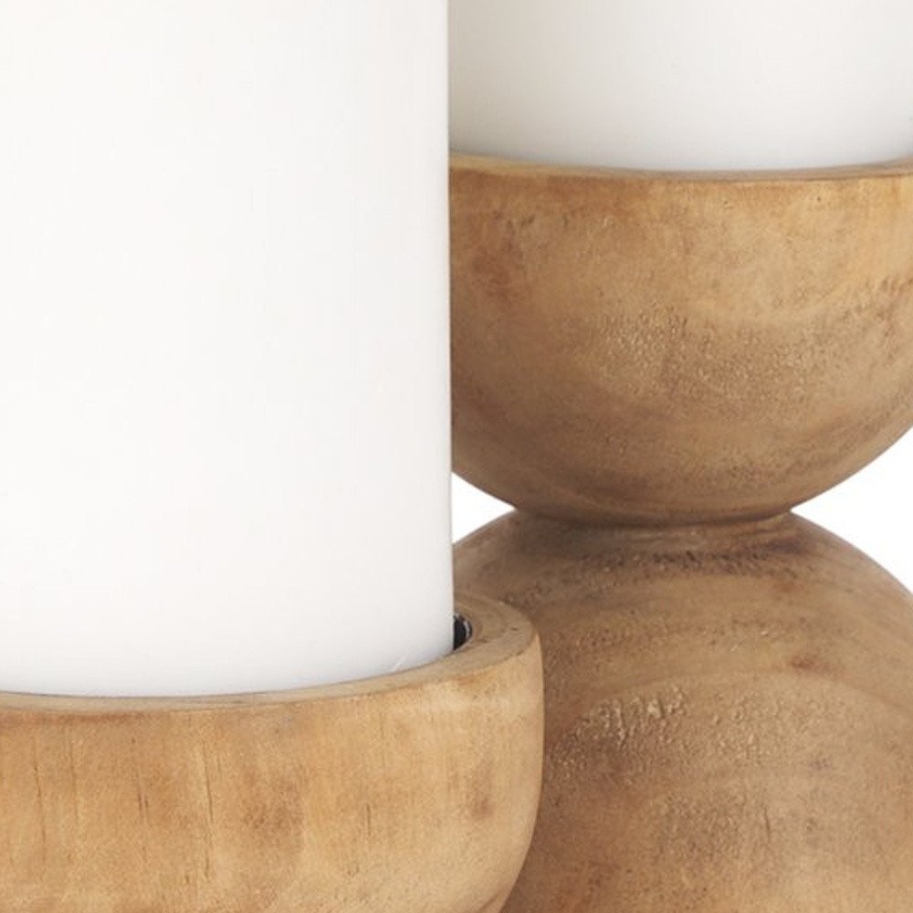 Set of Two Brown Distressed Geometric Solid Wood Tabletop Pillar Candle Holders  Warm Home View