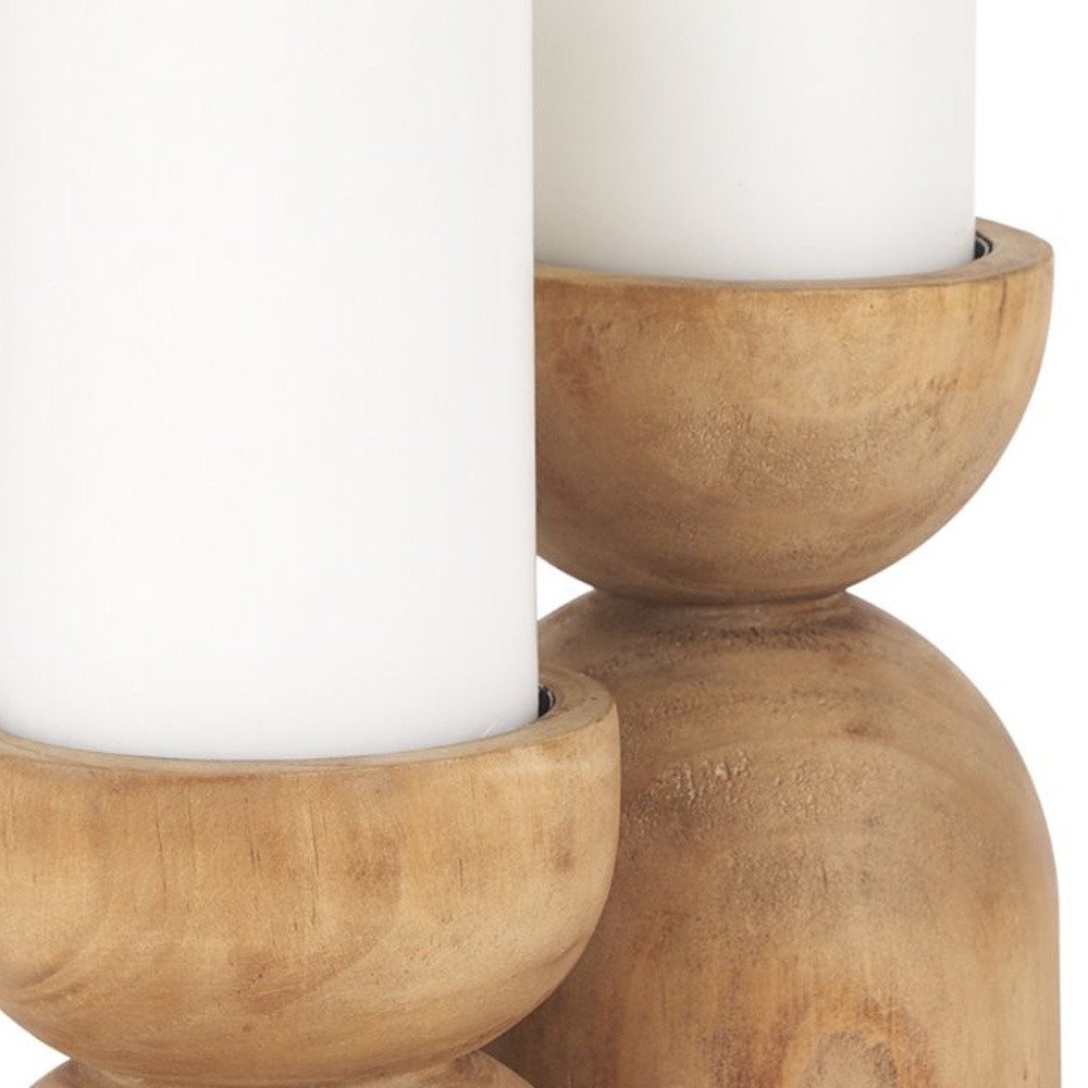 Set of Two Brown Distressed Geometric Solid Wood Tabletop Pillar Candle Holders  Warm Home View