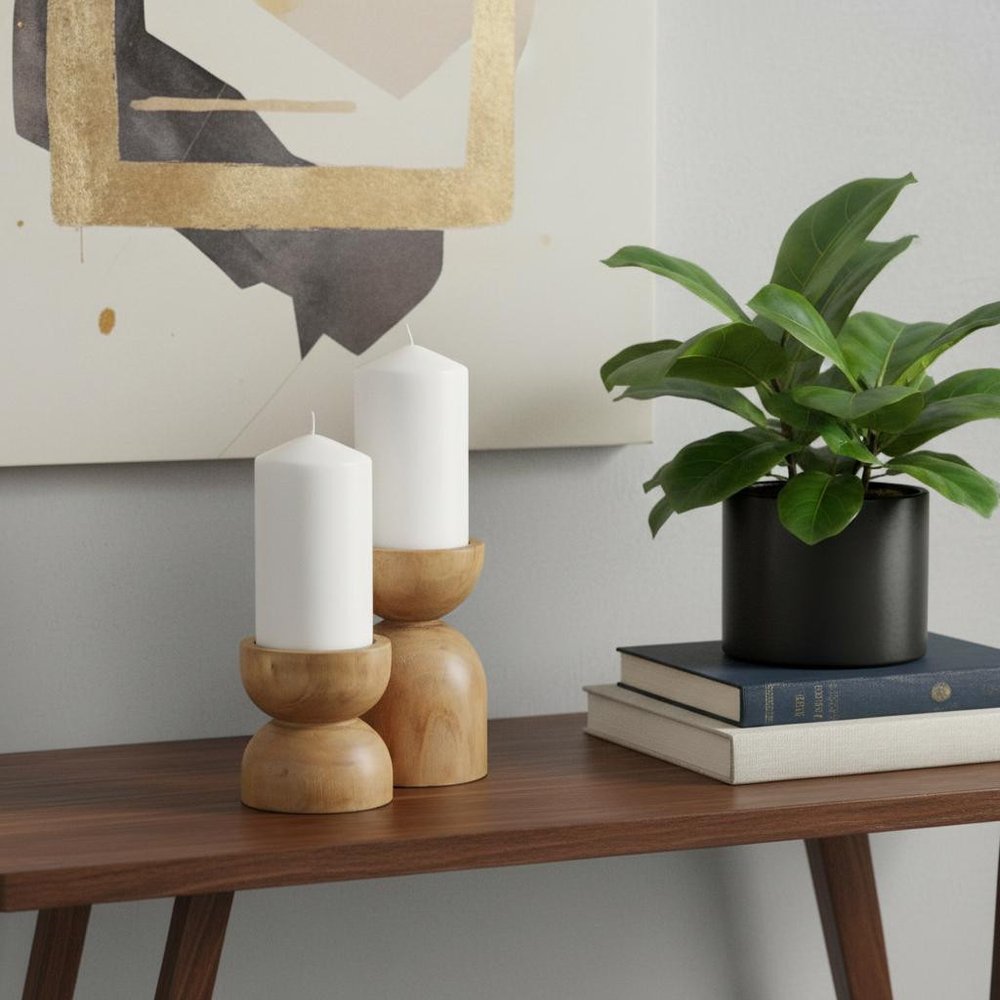 Set of Two Brown Distressed Geometric Solid Wood Tabletop Pillar Candle Holders  Warm Home View