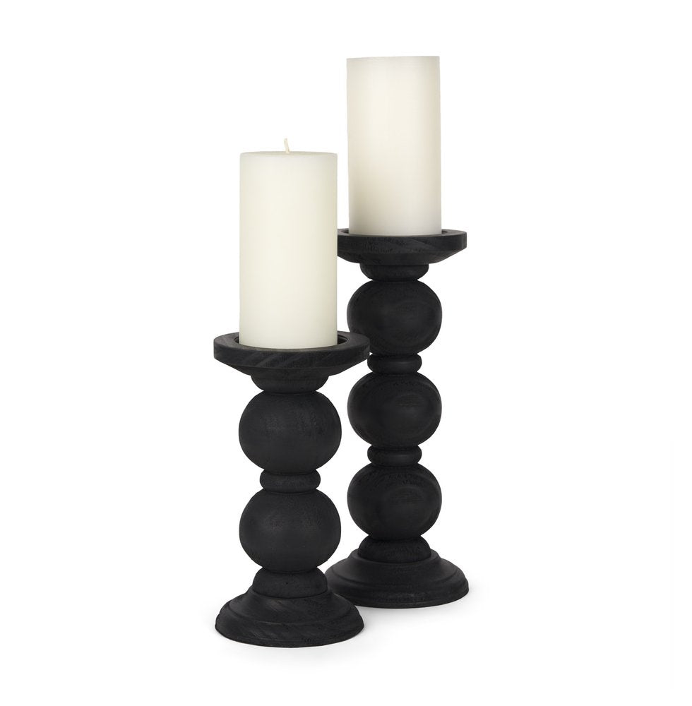 Set of Two Black Wood Abstract Tabletop Candle Holders  Warm Home View