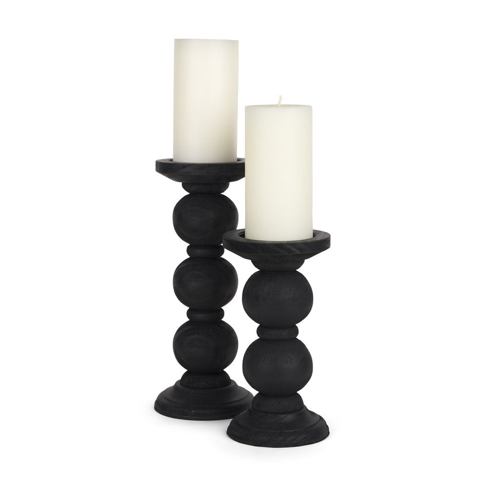 Set of Two Black Wood Abstract Tabletop Candle Holders  Warm Home View